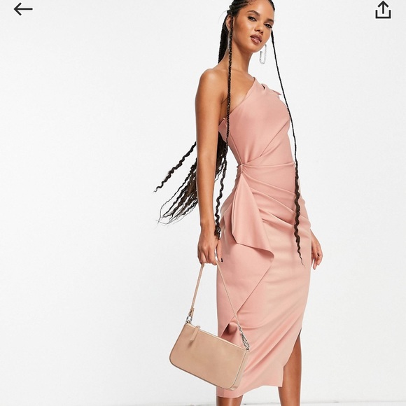 one shoulder tuck detail midi dress ASOS One Shoulder Tuck Detail Midi Dress in Pink